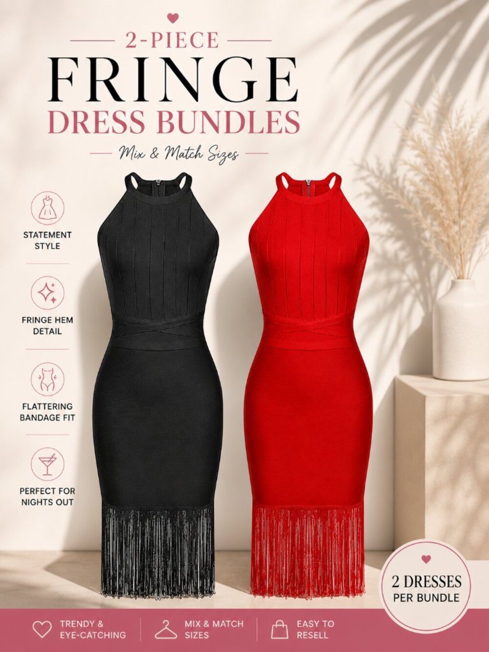 2-Piece Fringe Bandage Dress Bundles | Mixed Sizes | Wholesale Reseller Lot